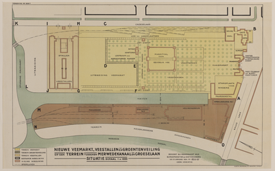 217577 Plattegrond van het aan te leggen terrein voor de veemarkt en de groenten- en vruchtenveilingen (Croeselaan) te ...